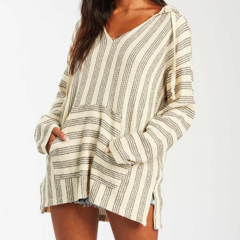 Cream Striped V-Neck Knit Sweater Hoodie